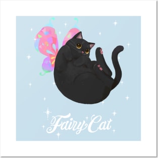 Curled Up Black Fairy Cat (with white text) Posters and Art